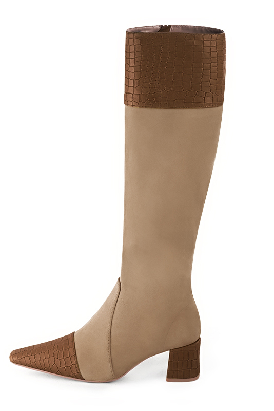French elegance and refinement for these caramel brown and tan beige feminine knee-high boots, 
                available in many subtle leather and colour combinations. Record your foot and leg measurements.
We will adjust this beautiful boot with inner zip to your leg measurements in height and width.
For fans of slim, feminine designs.
You can customise it with your own materials and colours on the "My favourites" page.
 
                Made to measure. Especially suited to thin or thick calves.
                Matching clutches for parties, ceremonies and weddings.   
                You can customize these knee-high boots to perfectly match your tastes or needs, and have a unique model.  
                Choice of leathers, colours, knots and heels. 
                Wide range of materials and shades carefully chosen.  
                Rich collection of flat, low, mid and high heels.  
                Small and large shoe sizes - Florence KOOIJMAN